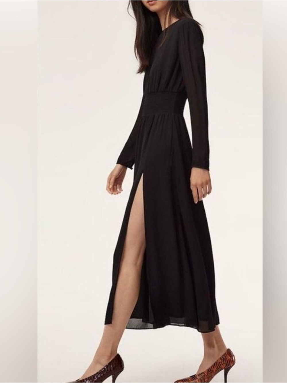 NWT Wilfred Tilda Dress Midi Black Chiffom Smocked Long Sleeve Front Slit